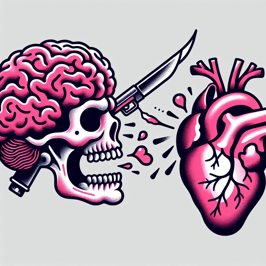 a brain creature  holding a knife fighting a heart creature holding a gun