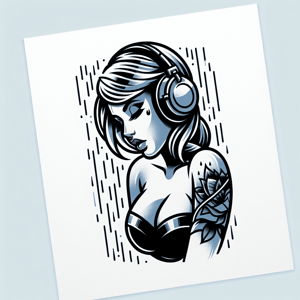 sad pinup girl wearing headphones while it's raining