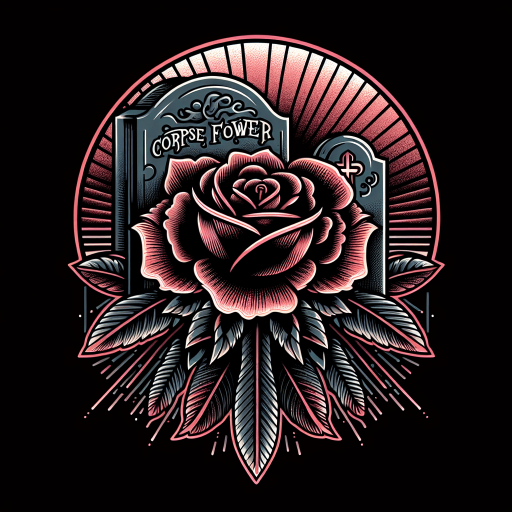 the words “corpse flower” in metal band font with gravestones
