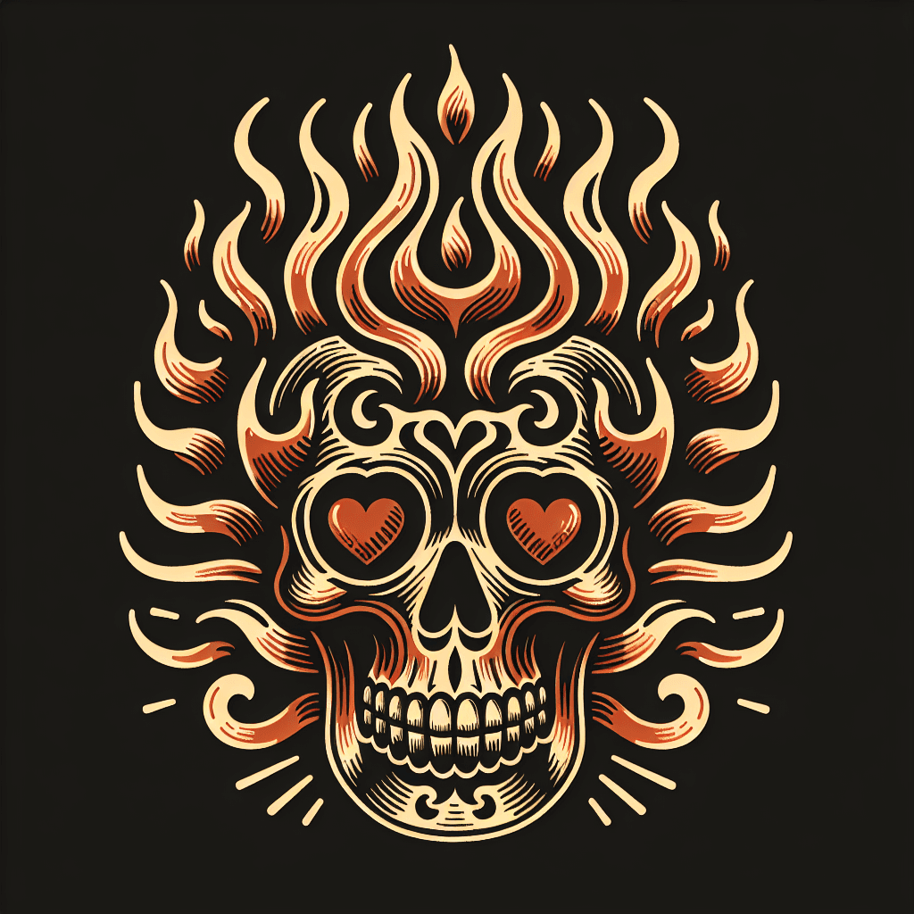 a flaming skull with hearts for eyes