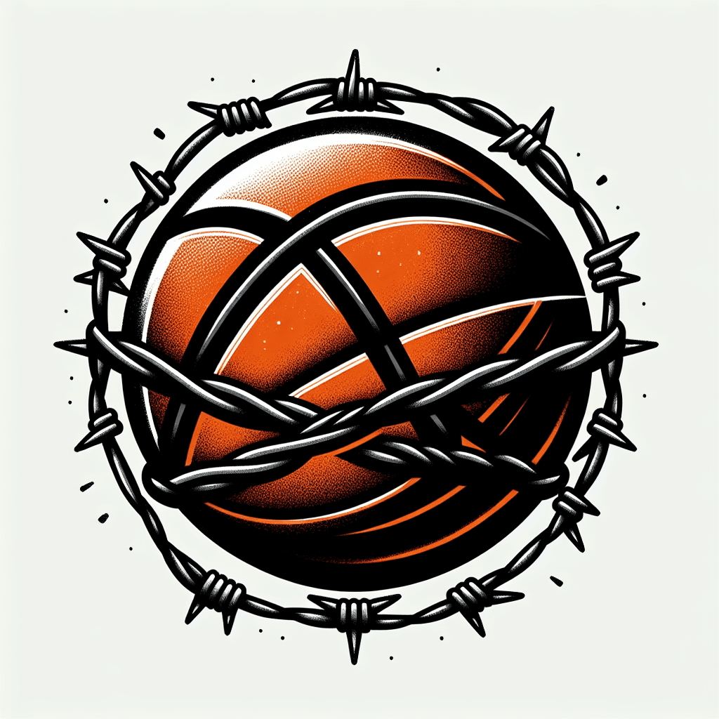 basketball wrapped in barbed wire