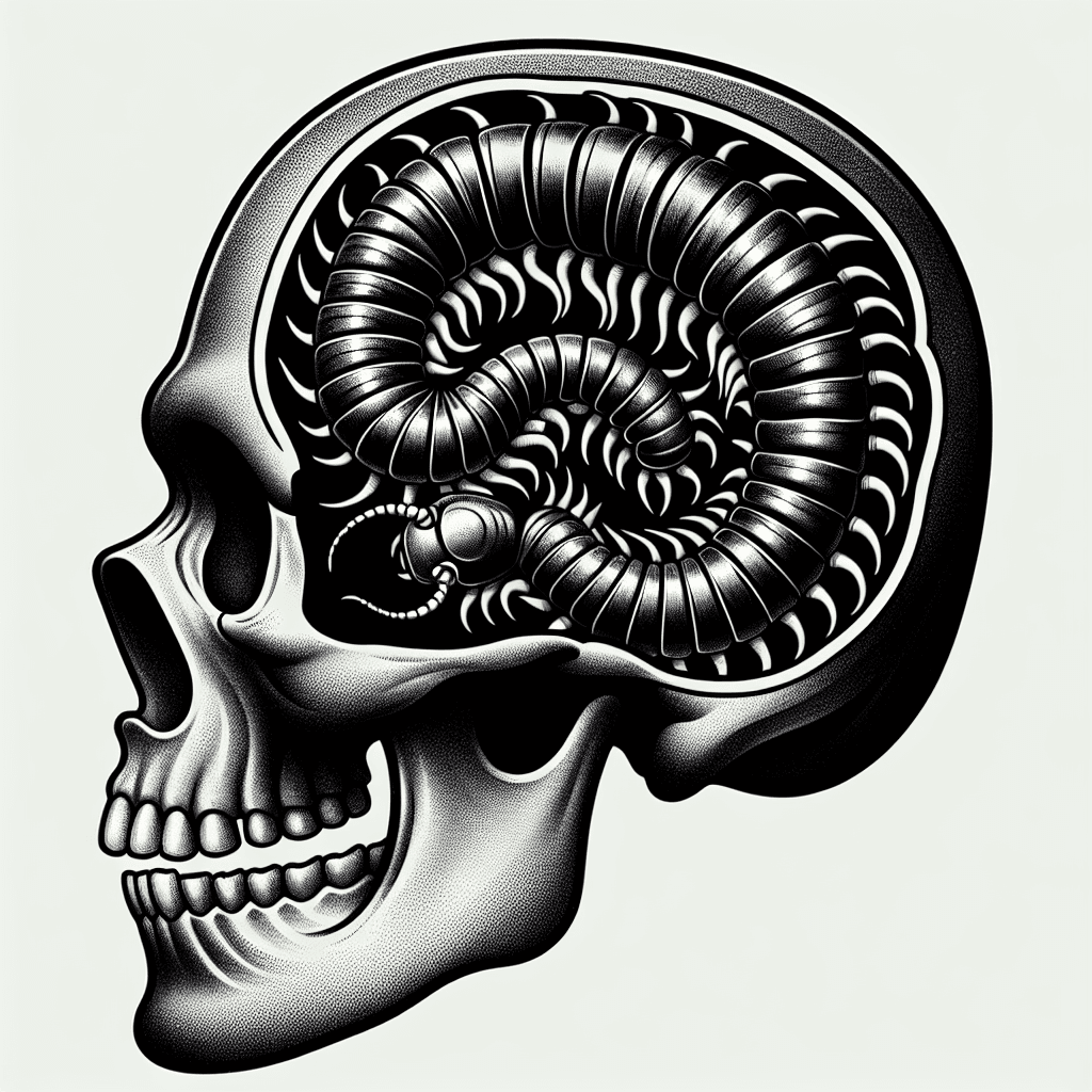 millipede crawling through a skull