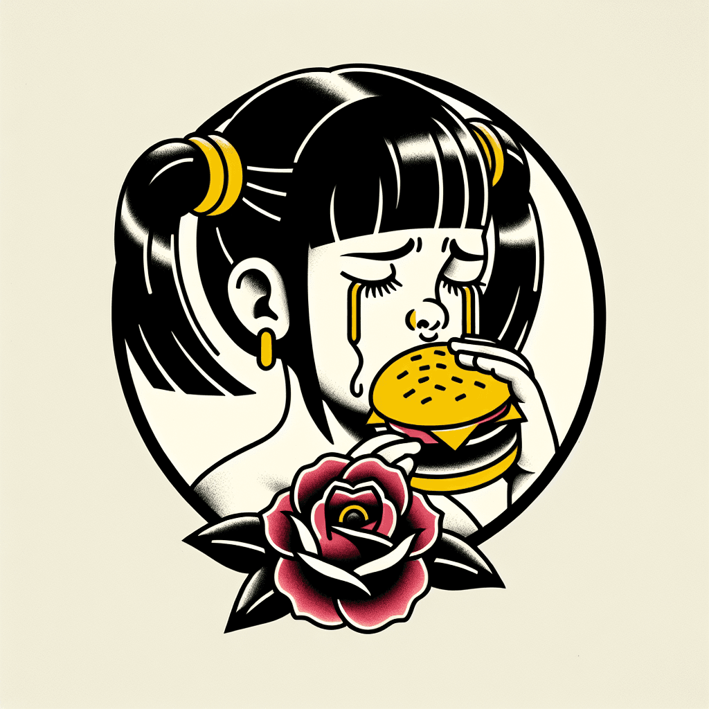 girl with pigtails weeping and eating a cheeseburger