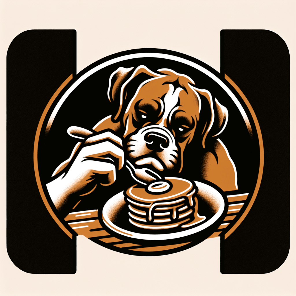boxer dog eating a plate of pancakes