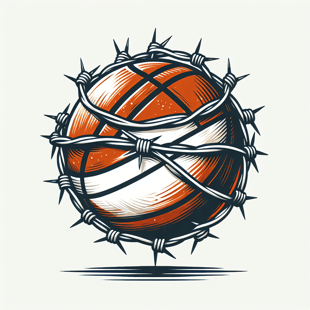 basketball wrapped in barbed wire