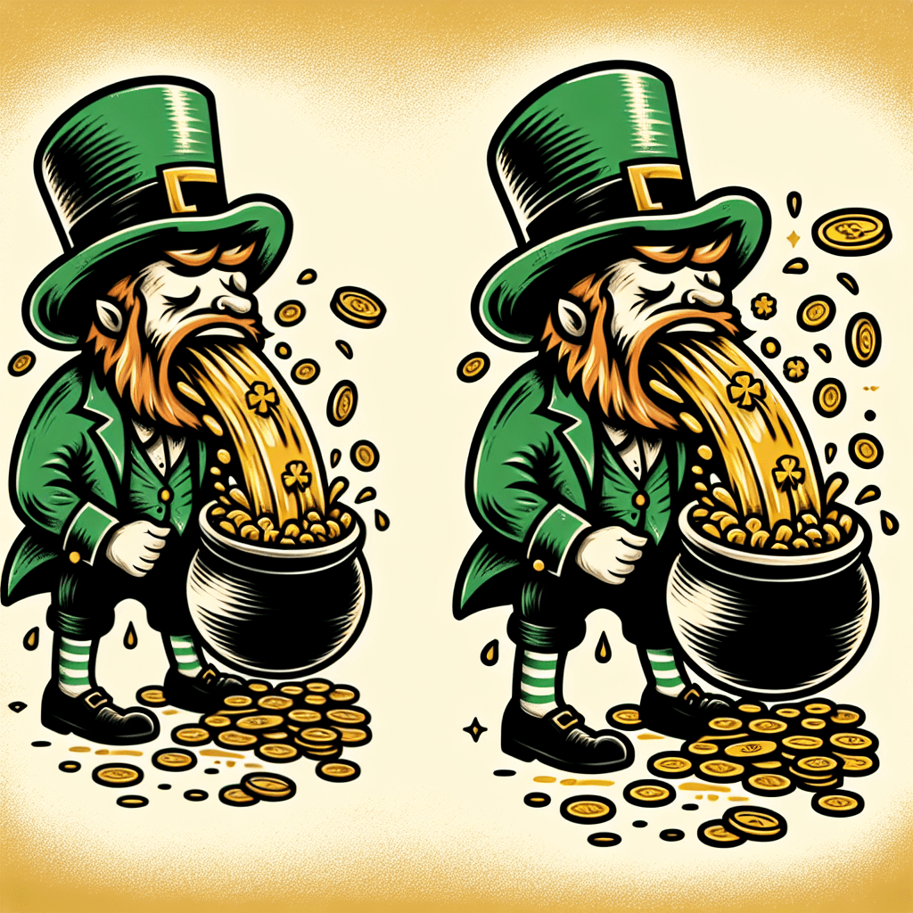 drunk leprechaun puking into a pot of gold