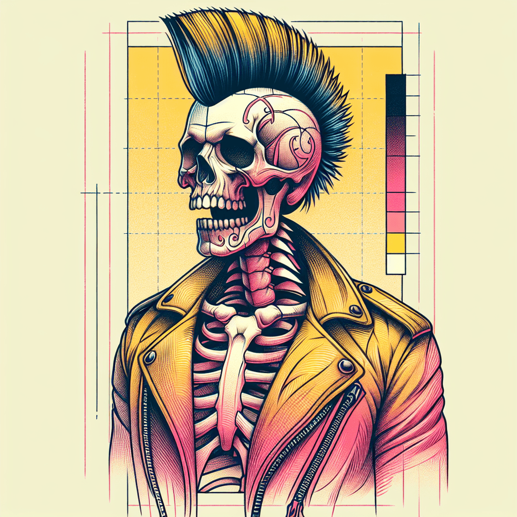 skeleton with mohawk in leather jacket