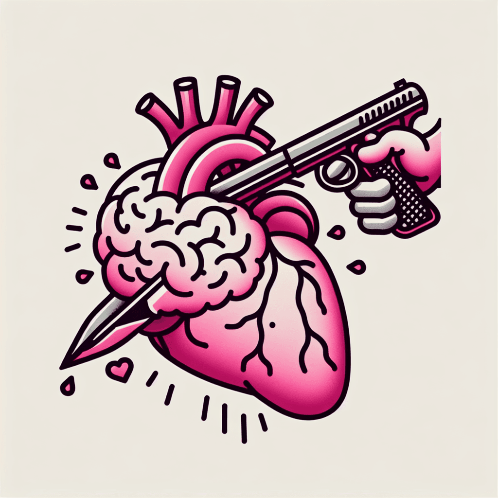 a brain holding a knife fighting a heart holding a gun