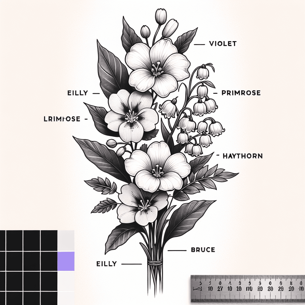 a flower bouquet of violet, primrose, lily of the valley and hawthorn including the names elly and bruce in fine line style