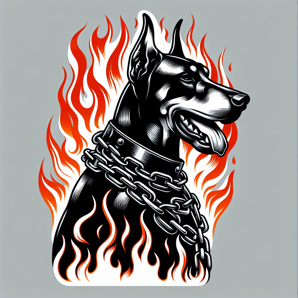 doberman wearing chains with flames in the background