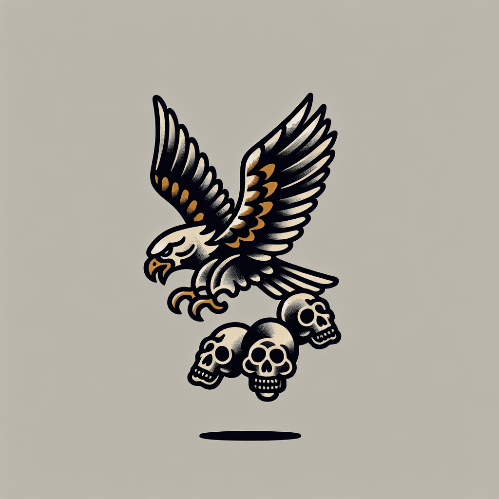 an eagle diving over skulls