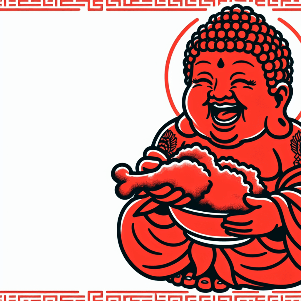 happy buddha eating fried chicken