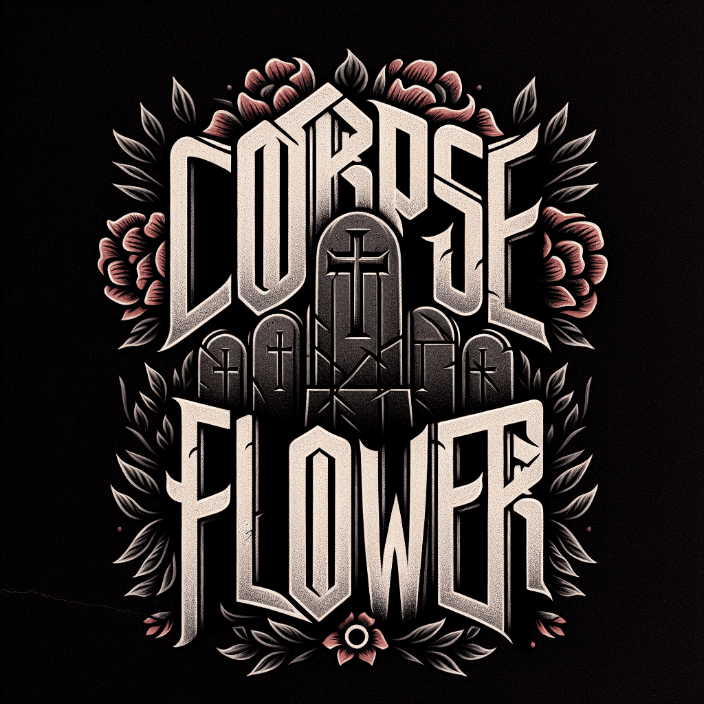 the words “corpse flower” in metal band font with gravestones