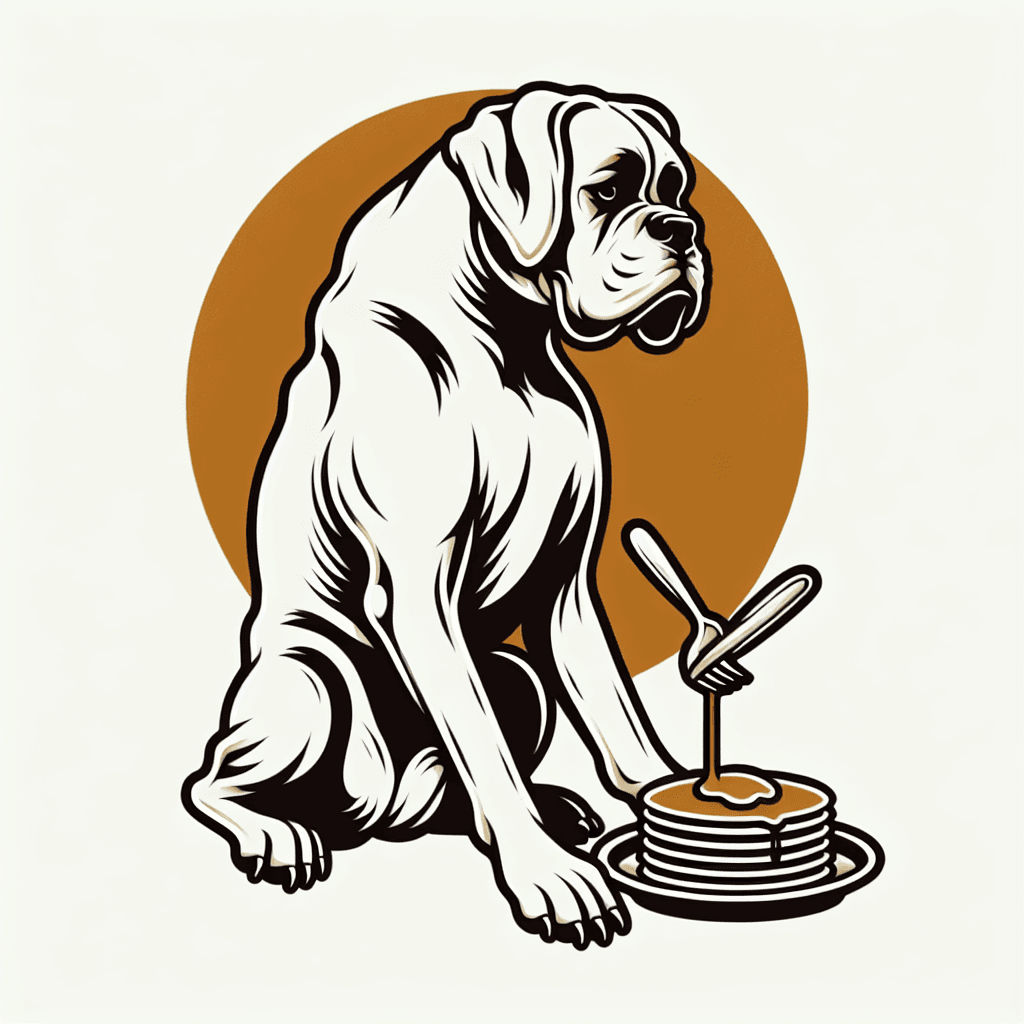 boxer dog eating a plate of pancakes