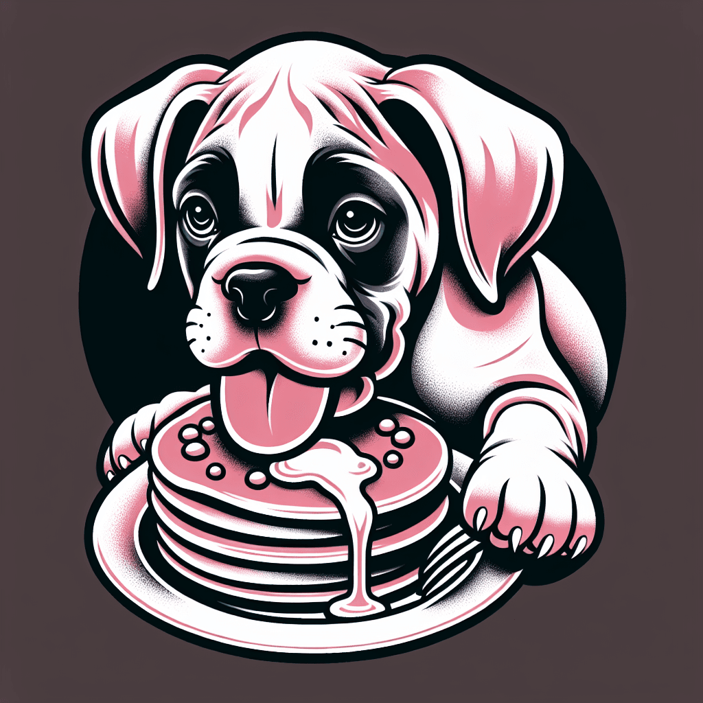 puppy boxer dog eating a plate of pancakes