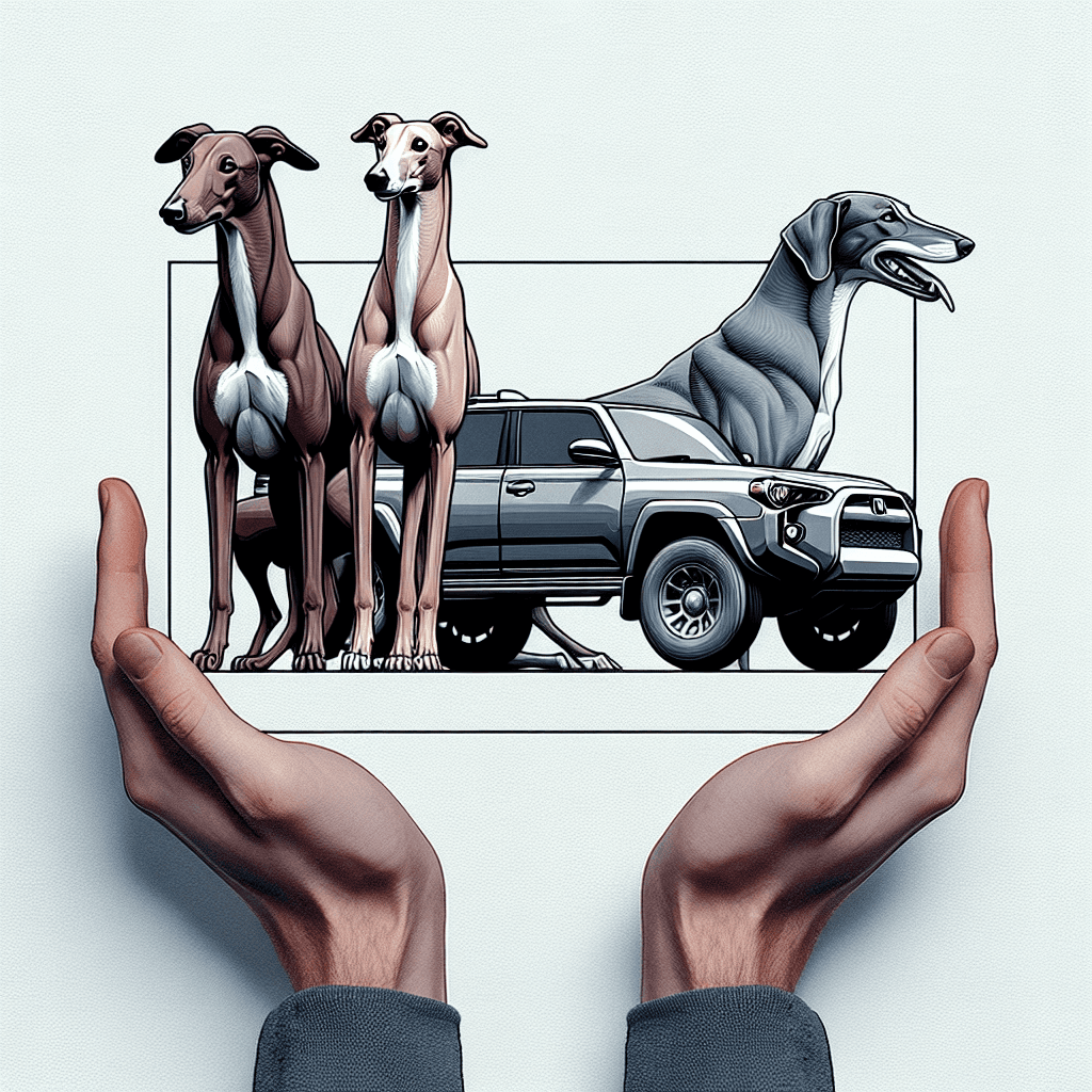 brown greyhounds next to a 2024 toyota 4runner