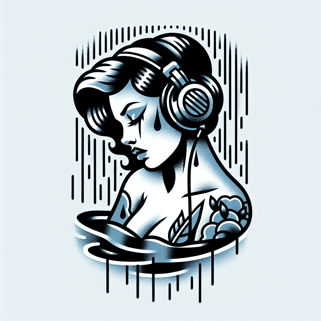 sad pinup girl wearing headphones while it's raining