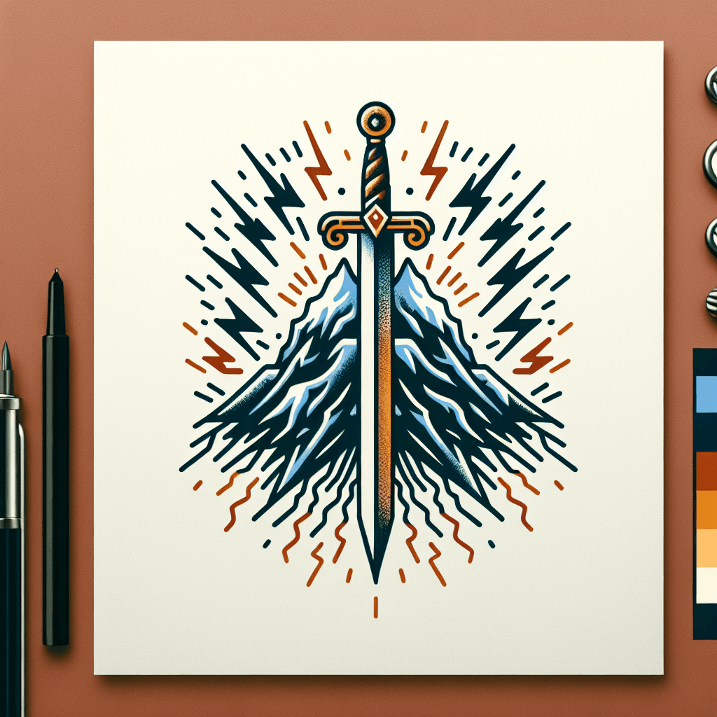 sword atop a snowy mountain surrounded by flickering lightening