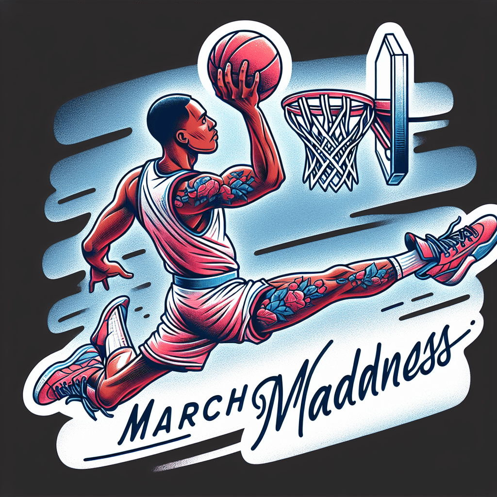 basketball player doing a slam dunk  with the words “march madness”