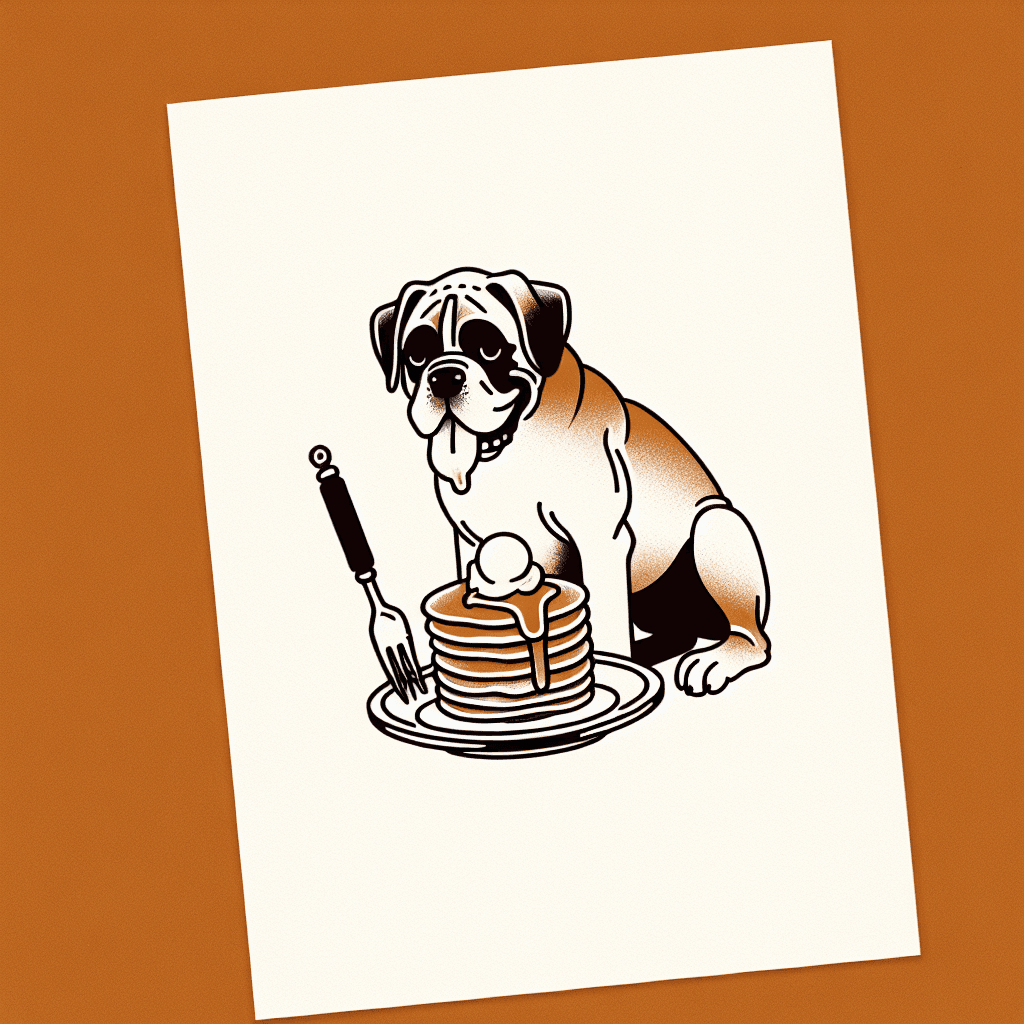 boxer dog eating a plate of pancakes