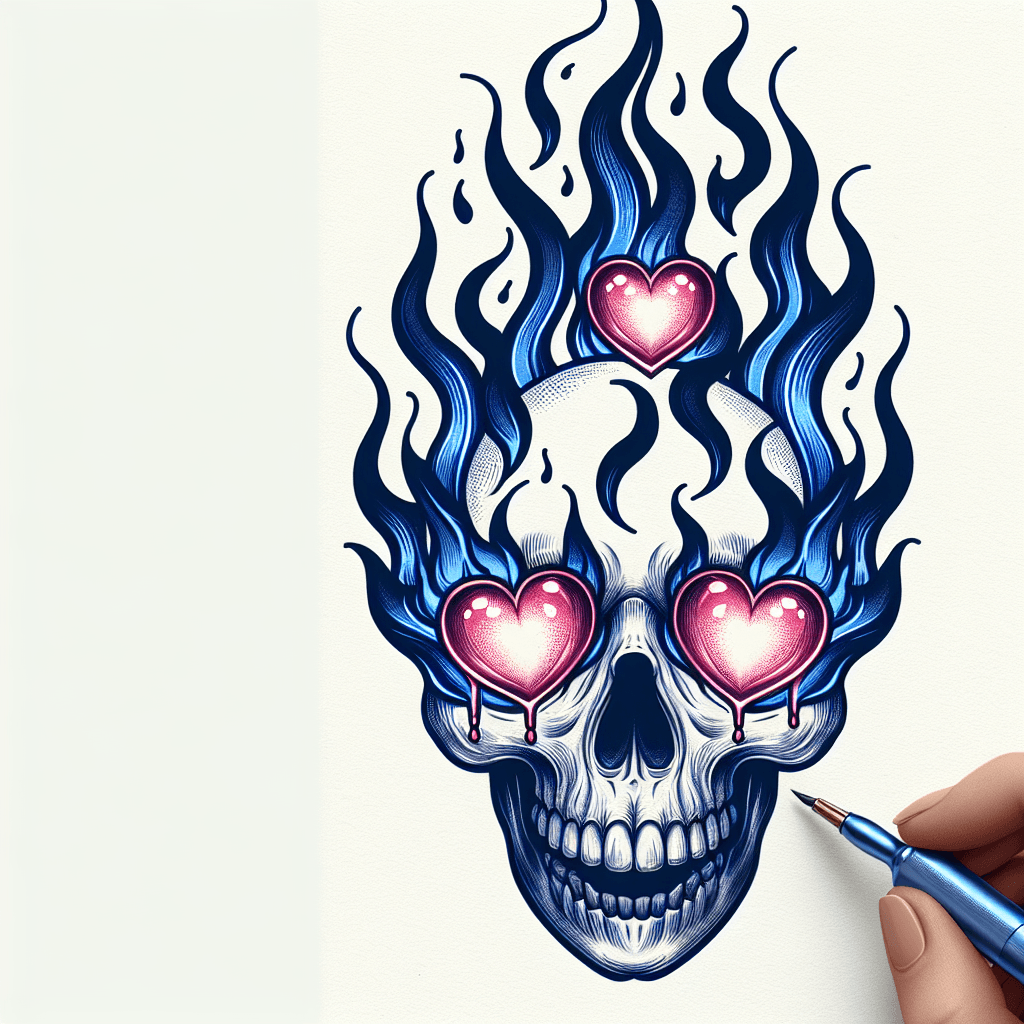 a flaming skull with hearts for eyes