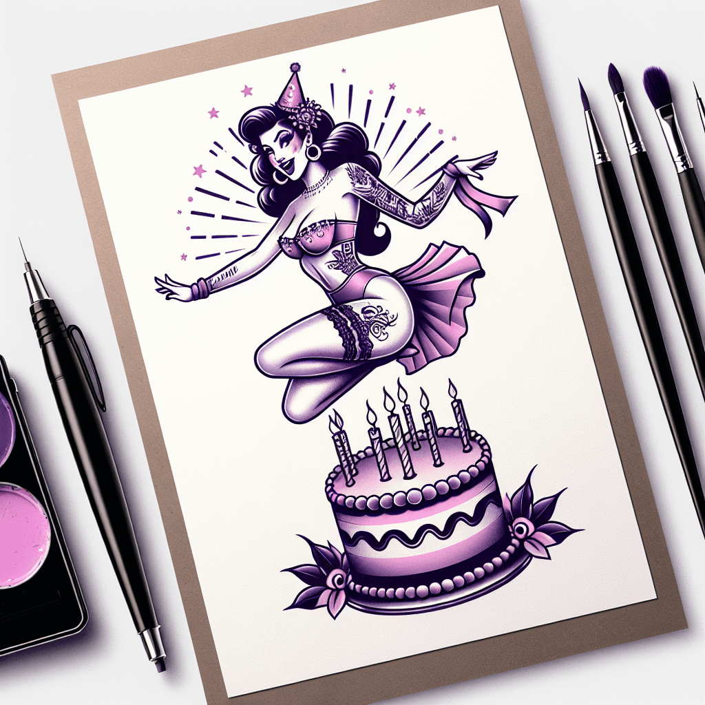 pin up girl jumping out of a birthday cake