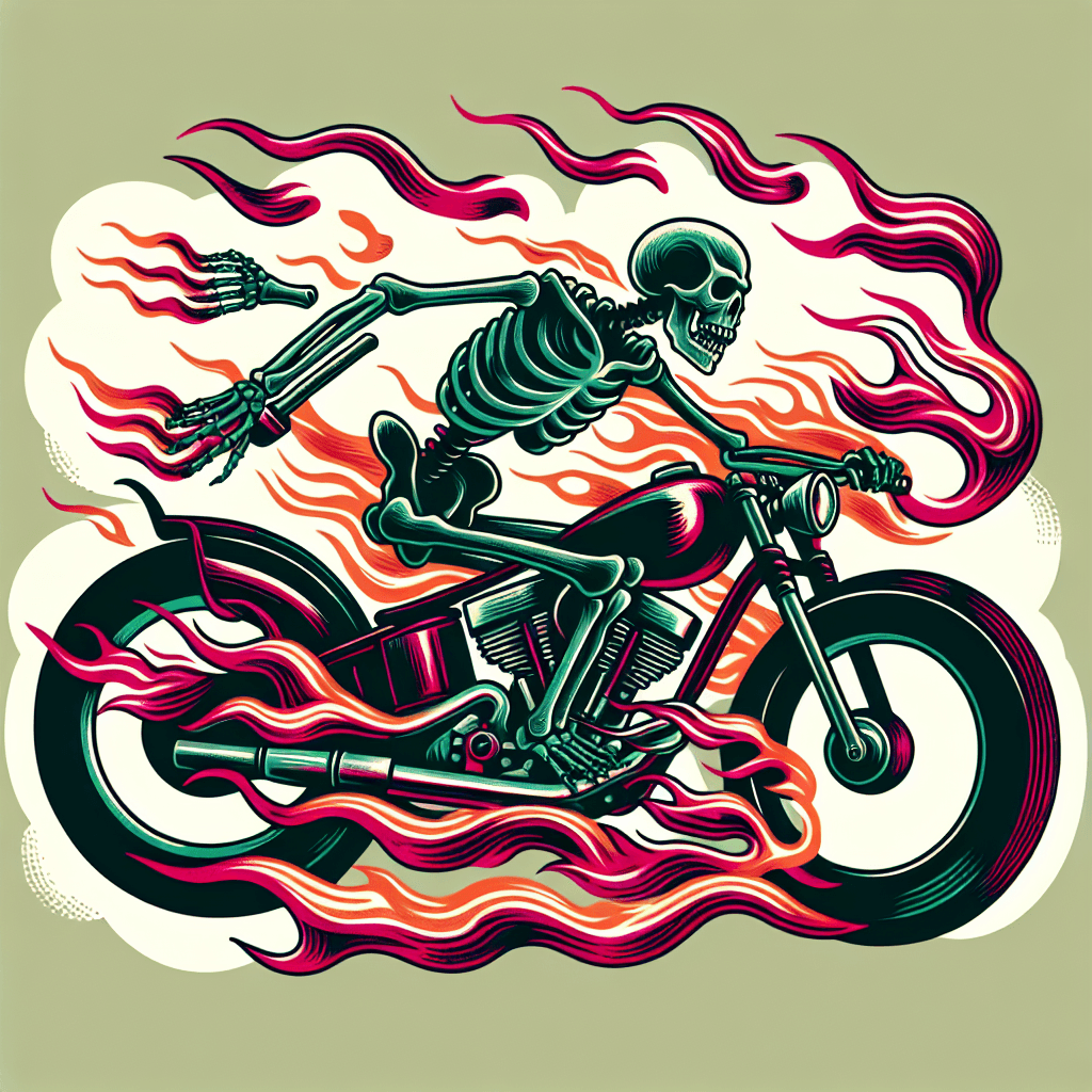 a skeleton riding a motorcycle jumping over flames