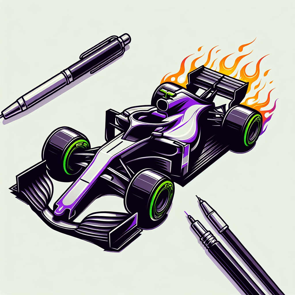 formula one car with flaming wheels
