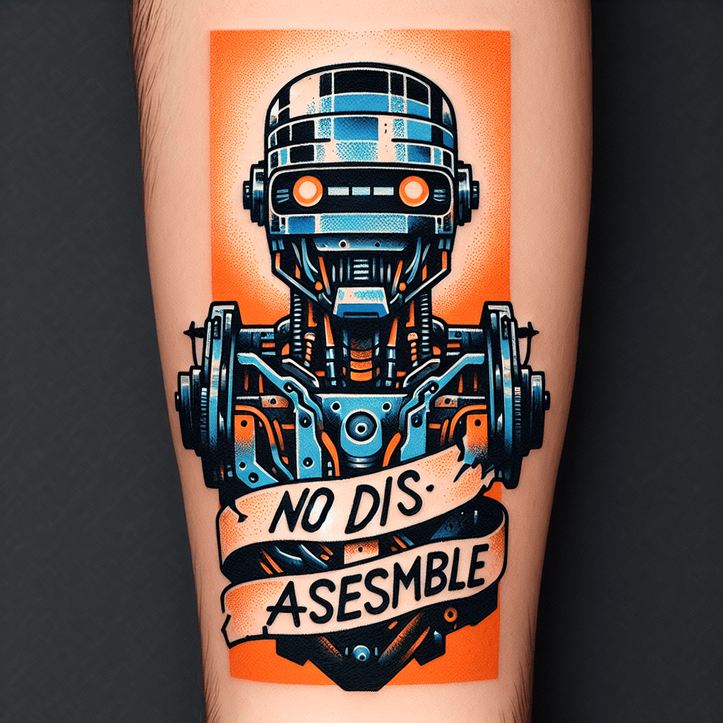 a robot that looks like johnny five, saying "no disassemble"