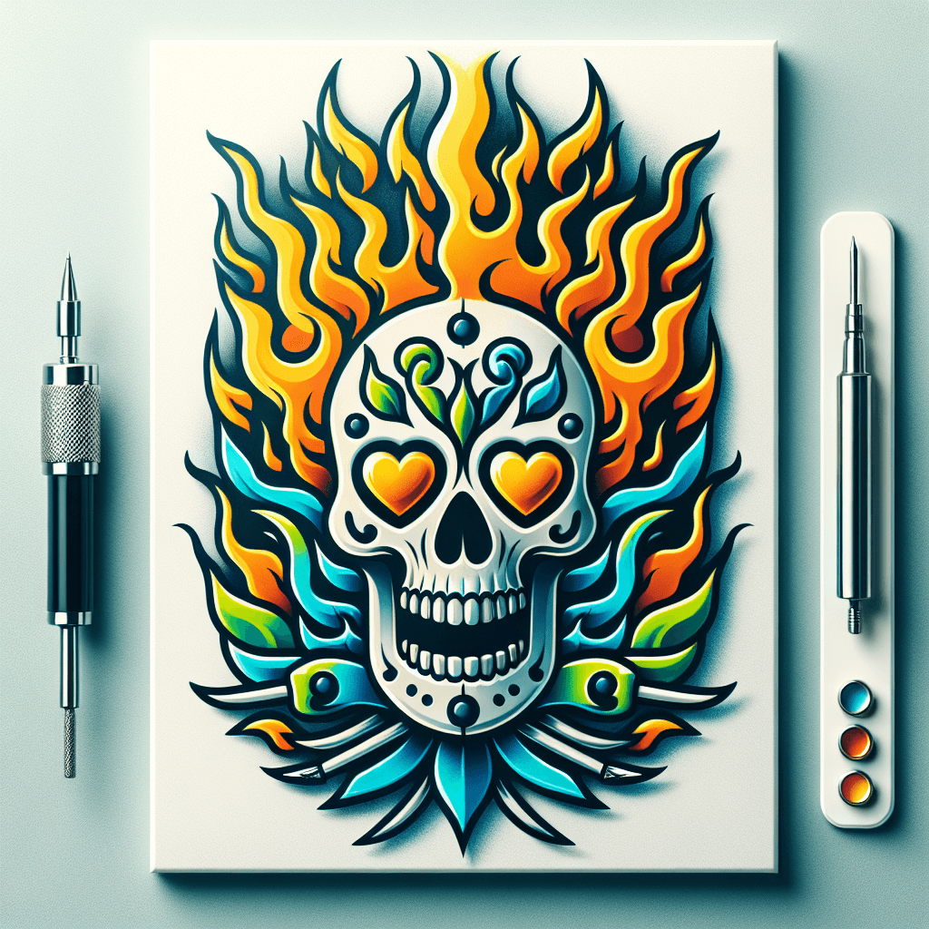 a flaming skull with hearts for eyes
