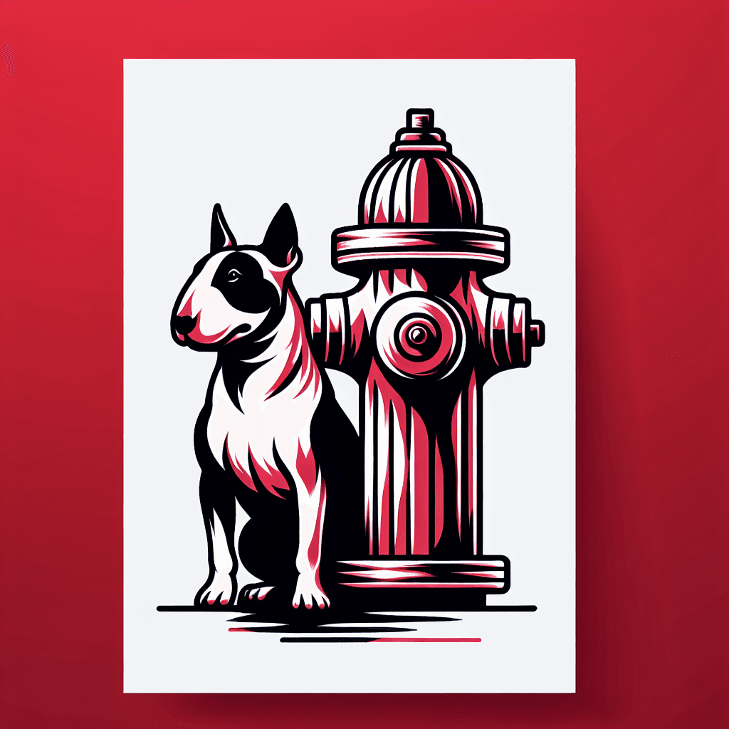 bull terrier next to a fire hydrant