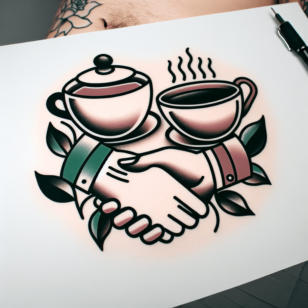 cup of tea shaking hands with cup of coffee