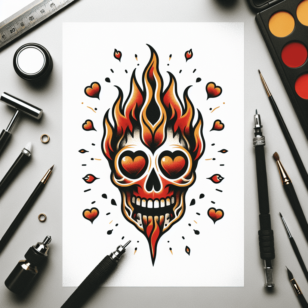 a flaming skull with hearts for eyes