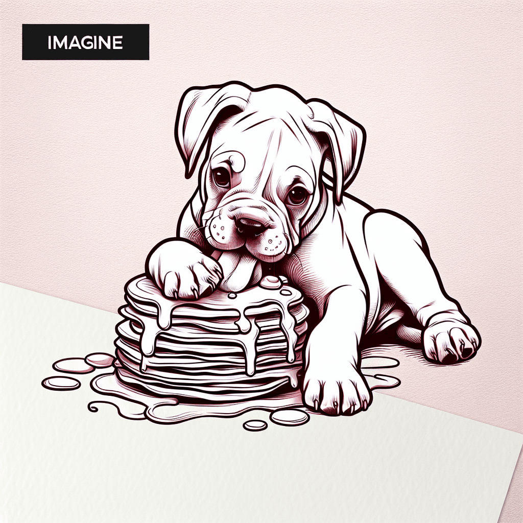 puppy boxer dog eating a plate of pancakes