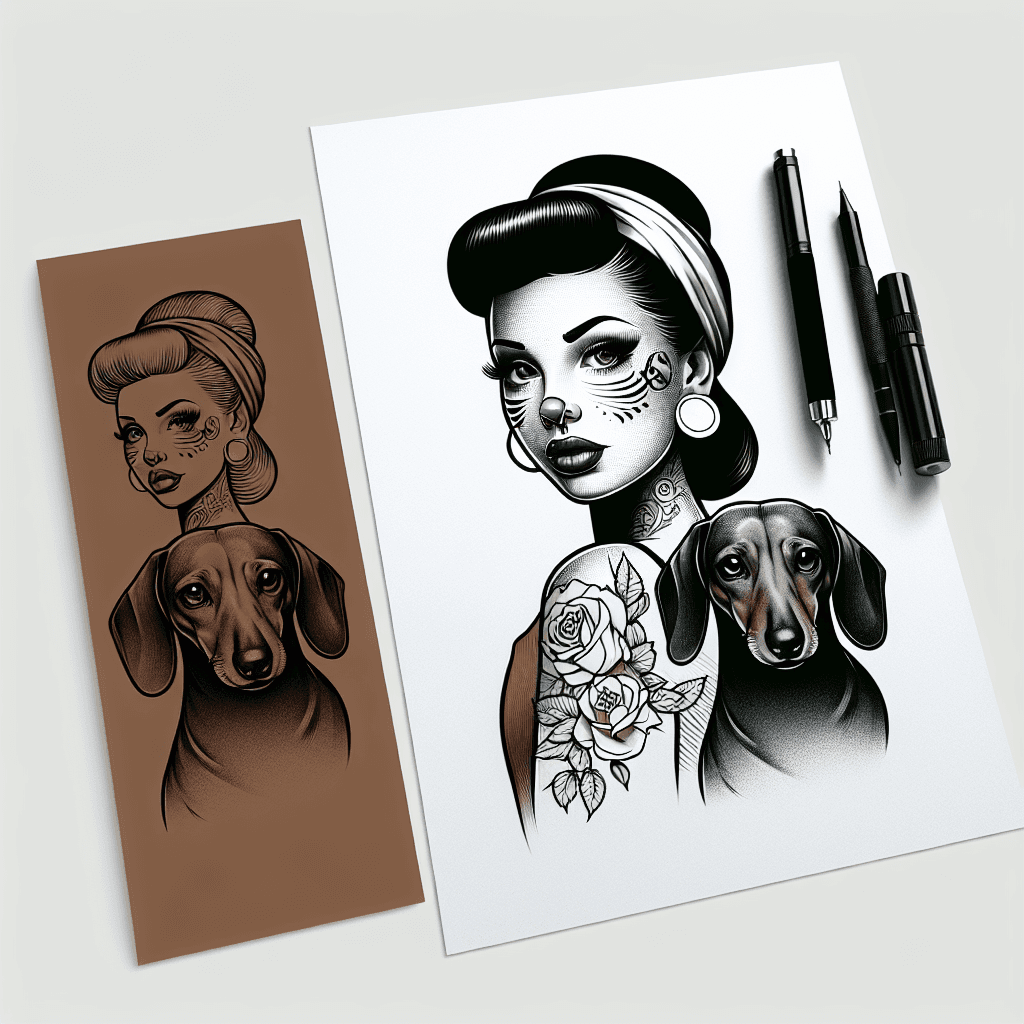 pinup girl with face tattoos and brown dachshund