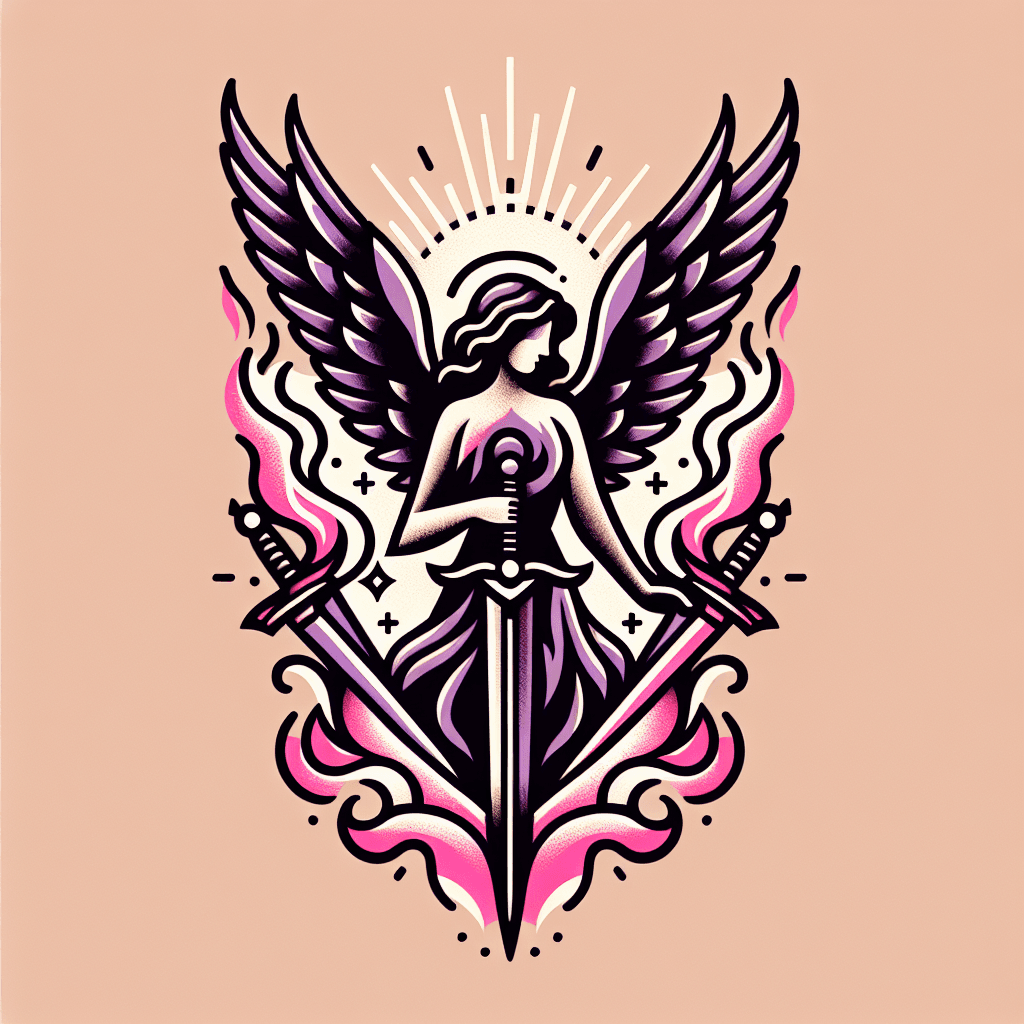 an angel holding two flaming swords