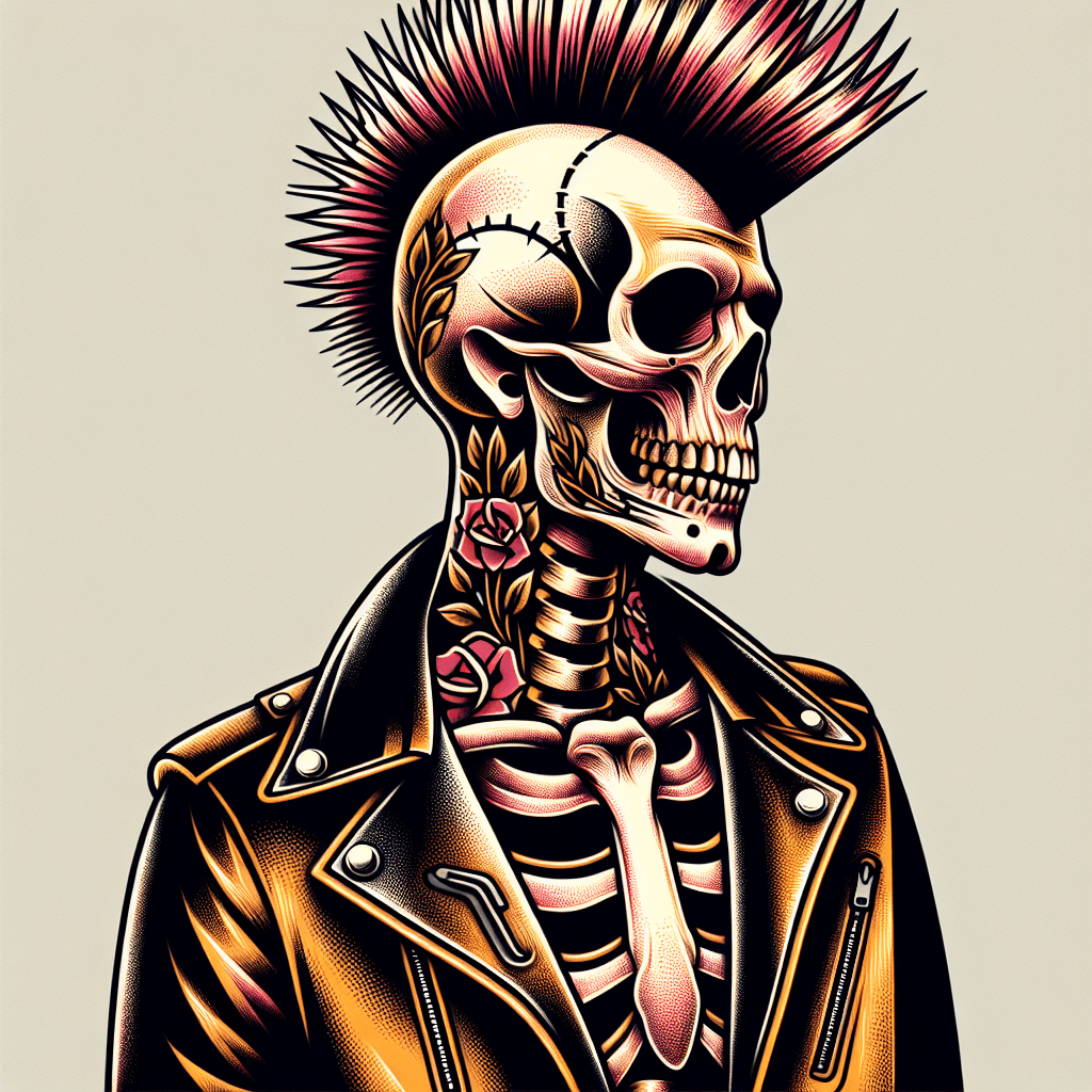 skeleton with mohawk in leather jacket