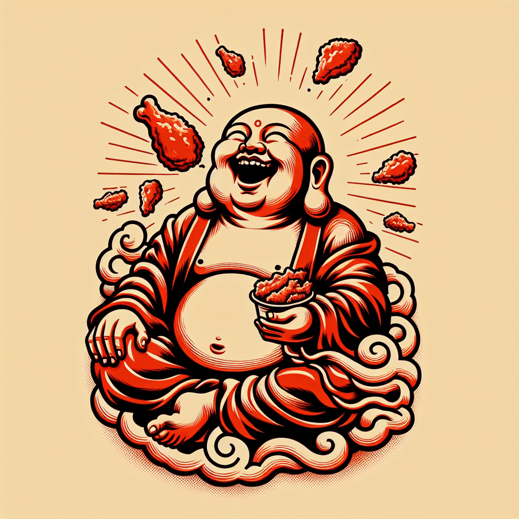 happy buddha eating fried chicken