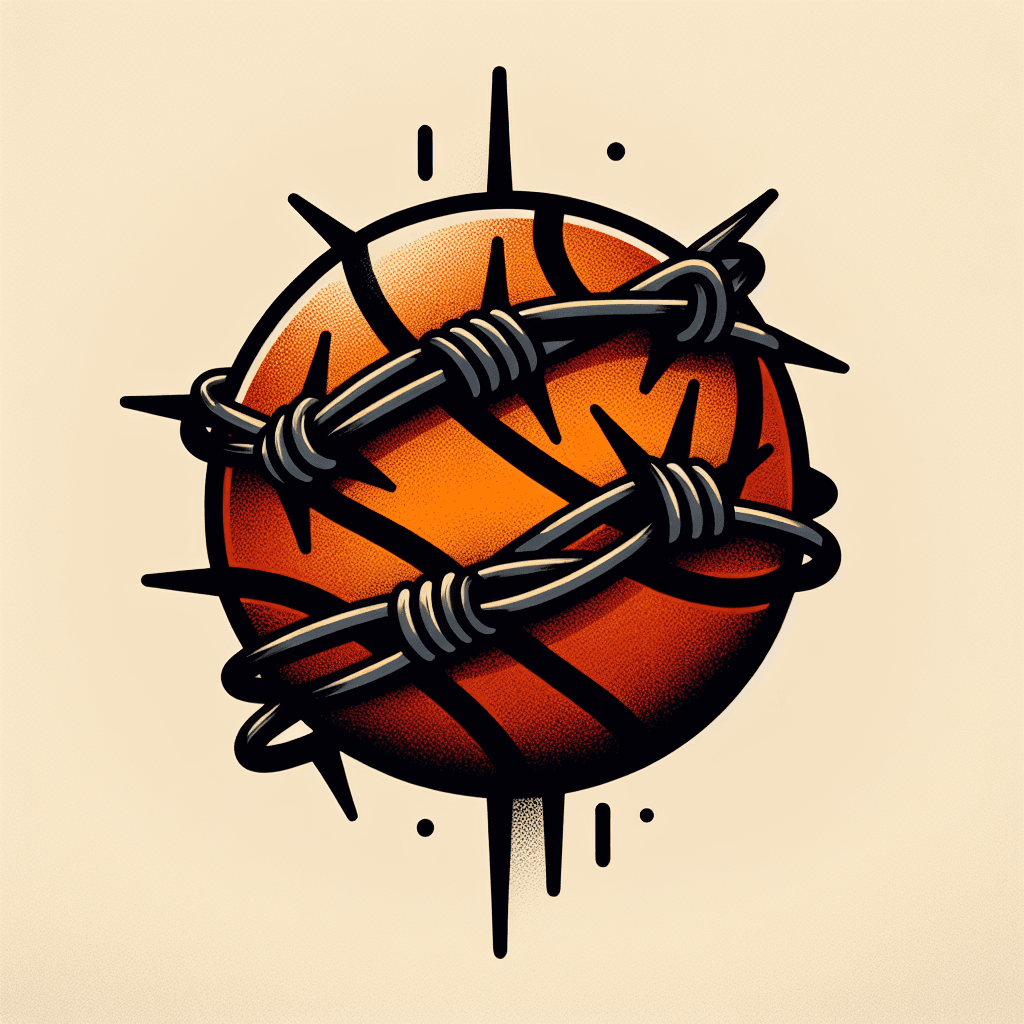 basketball wrapped in barbed wire