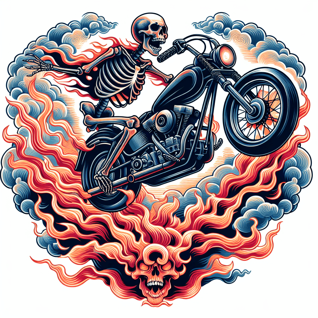 a skeleton riding a motorcycle jumping over flames