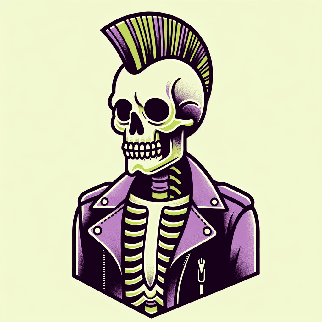 skeleton with mohawk in leather jacket