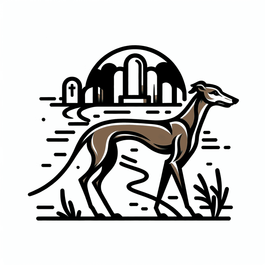 brown greyhounds walking through a cemetery