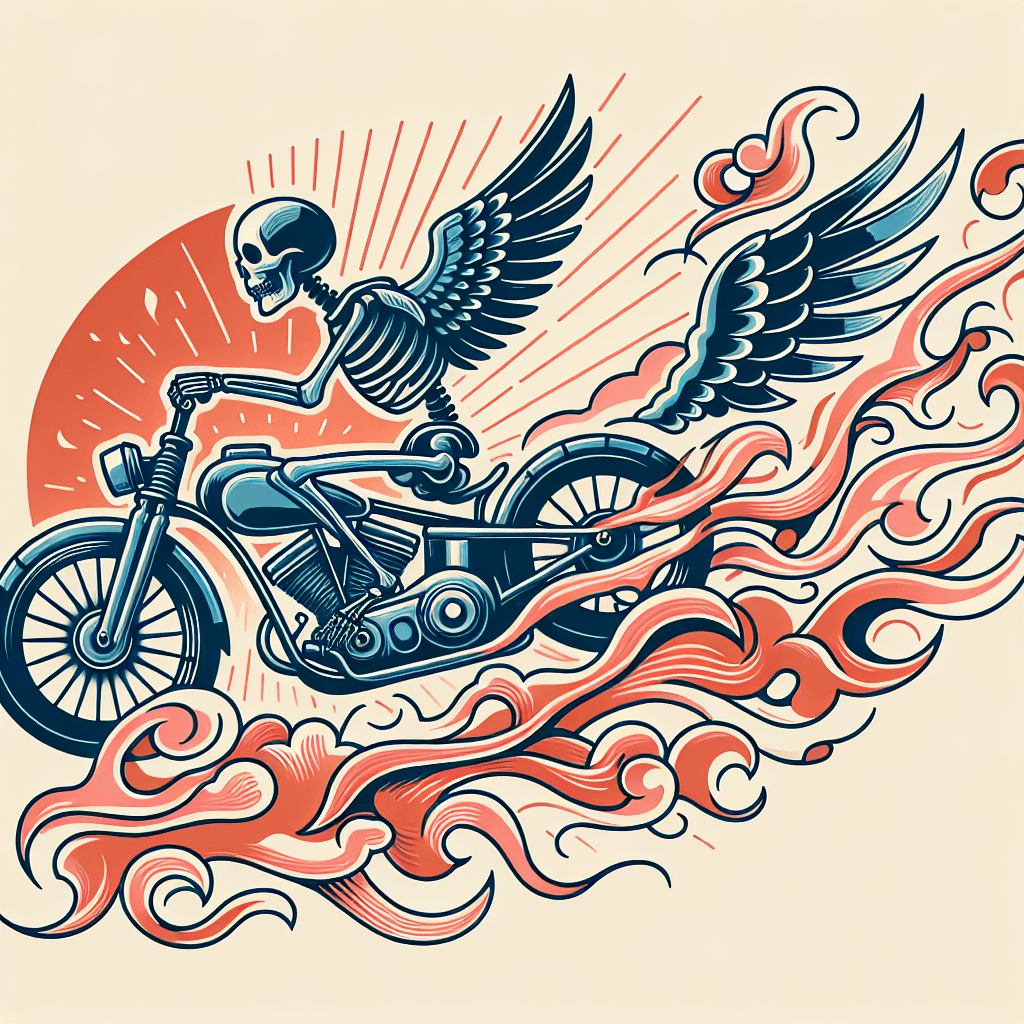 a skeleton riding a motorcycle jumping over flames