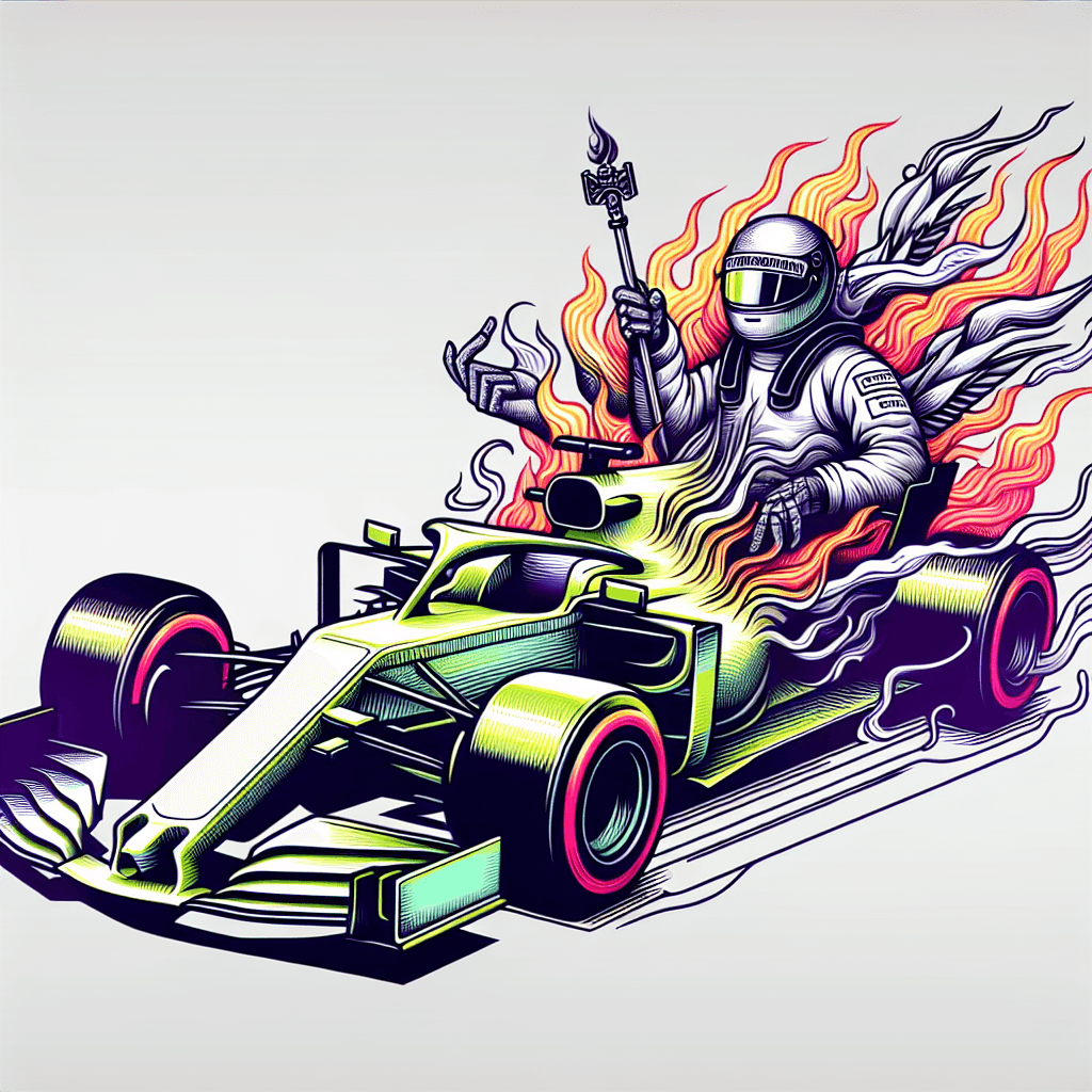 formula one car with driver holding helmet, driver covered in flames