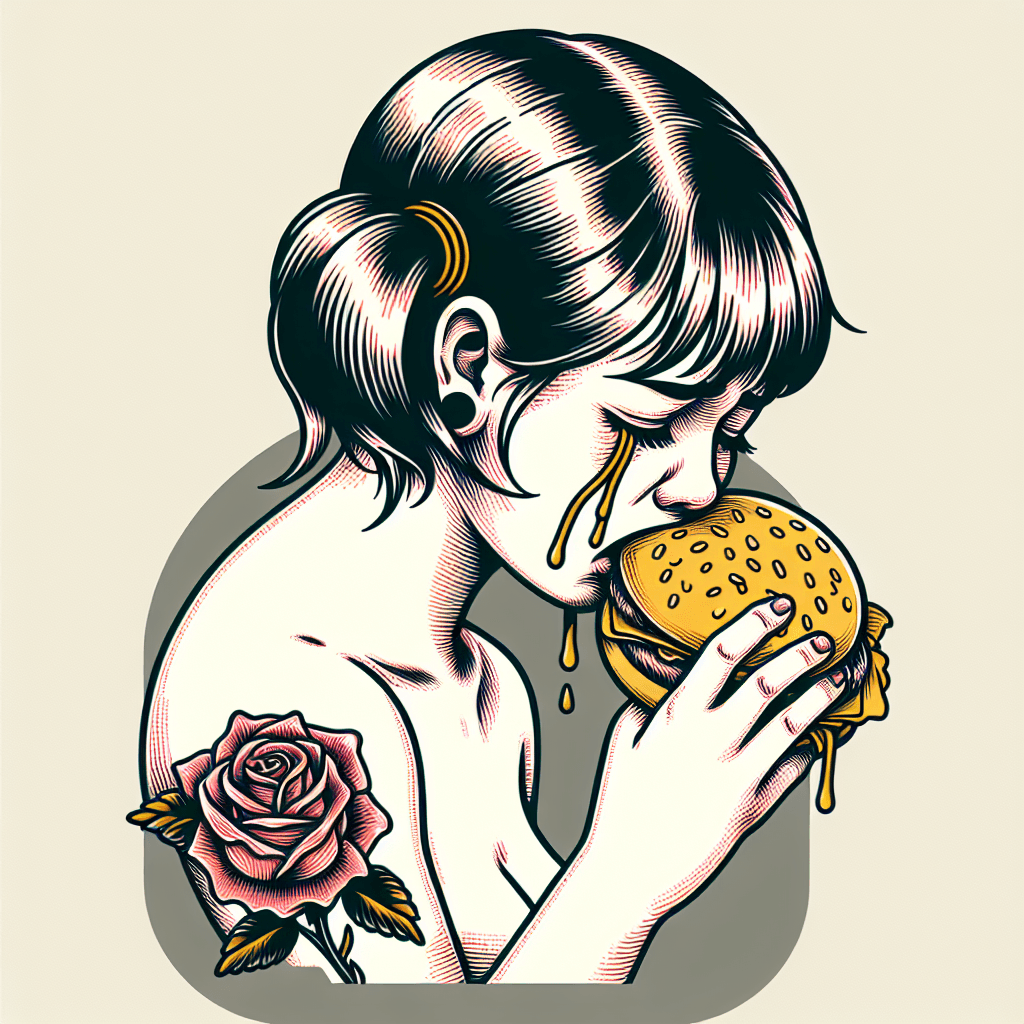 girl with pigtails weeping and eating a cheeseburger