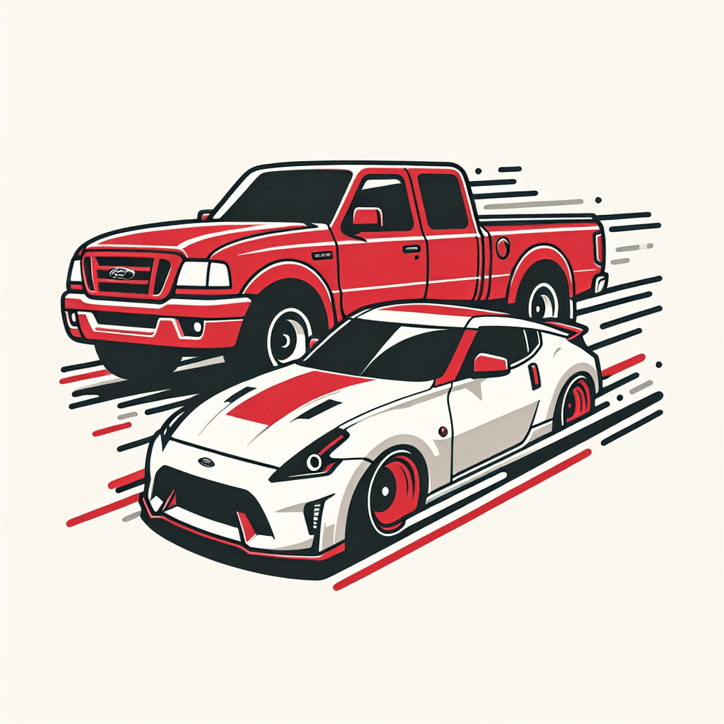red 2005 ford ranger racing a white 2016 nissan 370z