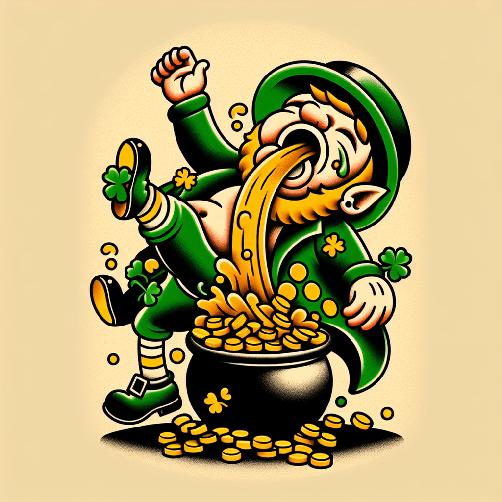 drunk leprechaun puking into a pot of gold