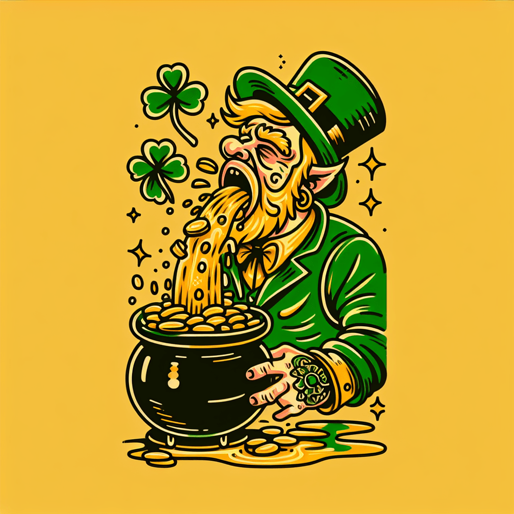 drunk leprechaun puking into a pot of gold