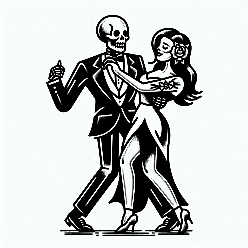 skeleton in tuxedo dancing with woman