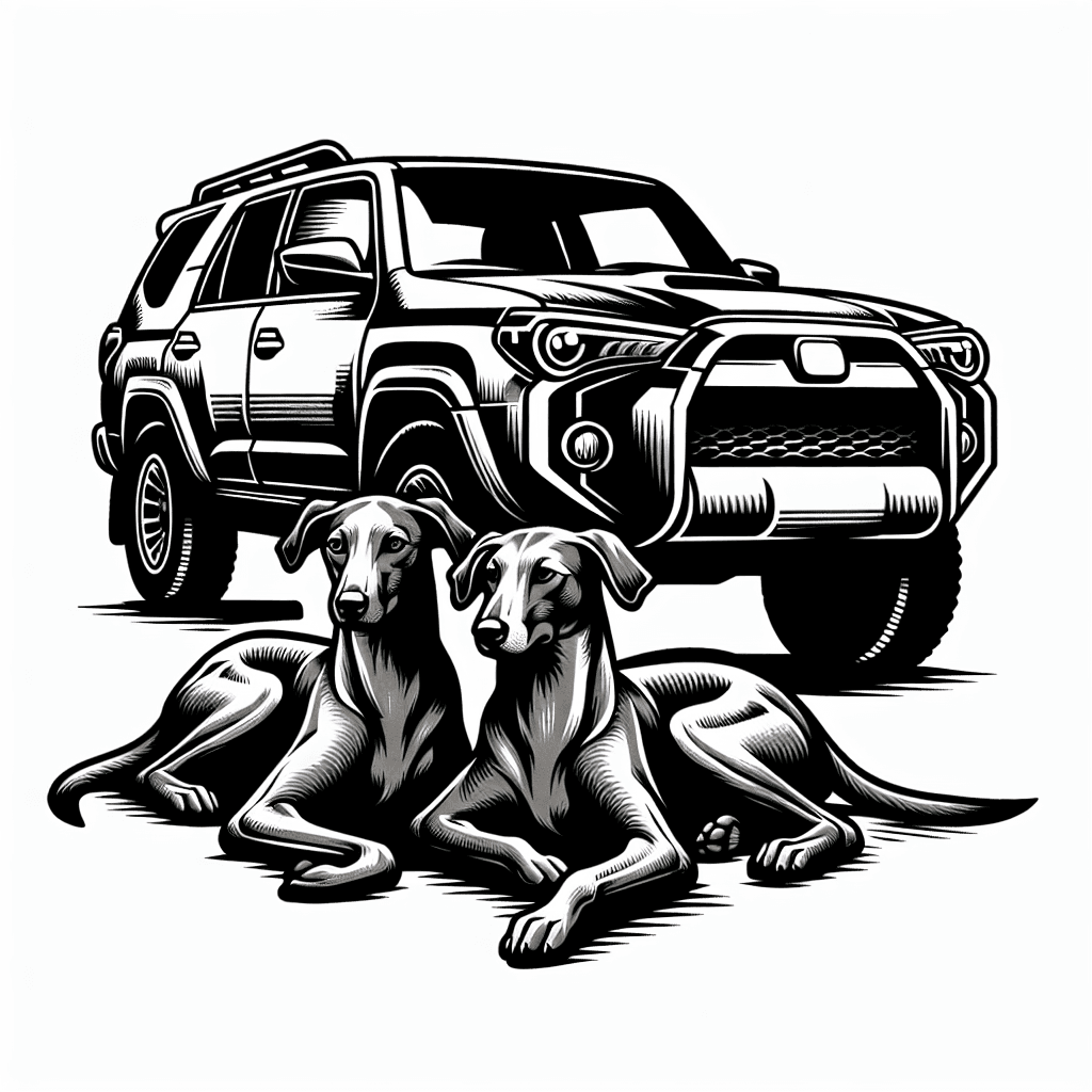 brown greyhounds next to a 2024 toyota 4runner